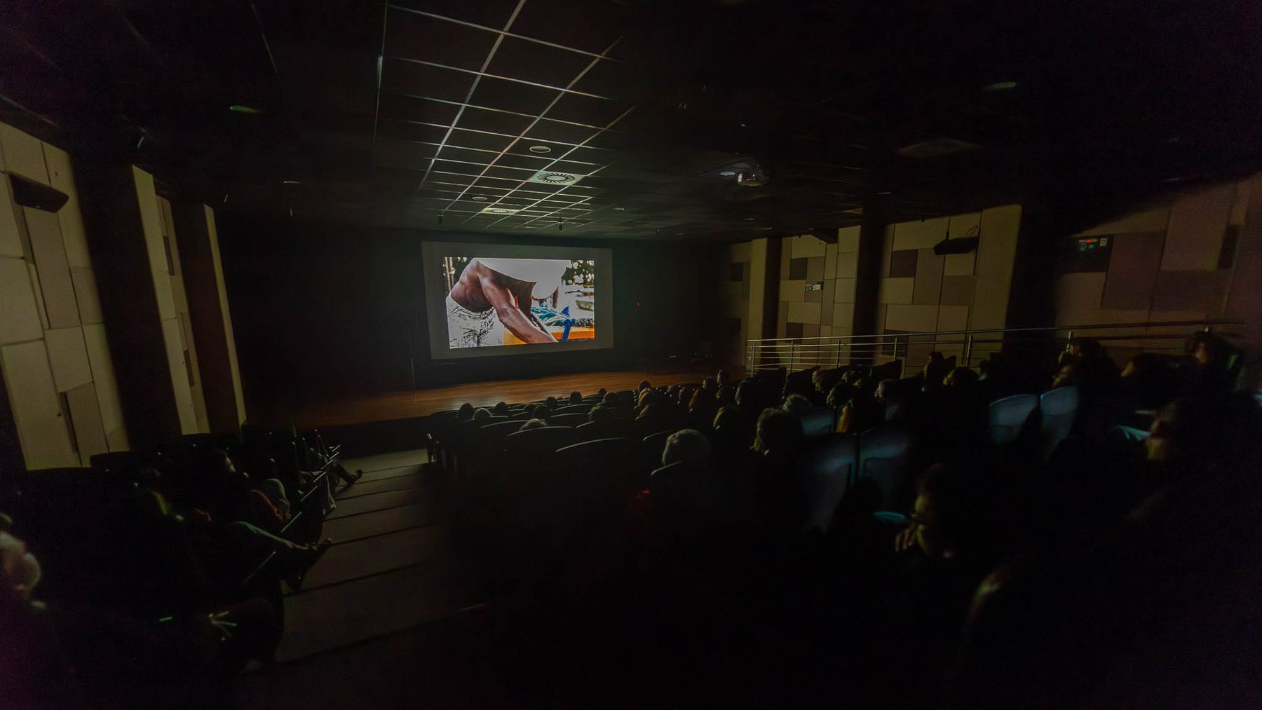Auditório escuro visto do fundo, com quase todas as poltronas ocupadas por pessoas de costas diante de uma tela iluminada ao longe.