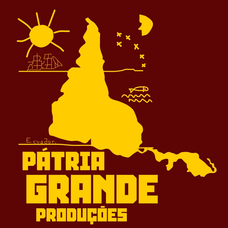 Logotipo completo da Pátria Grande Produções: a América Latina desenhada com o sul para cima, cercada por sol, lua, aves, peixe, água e cidade.