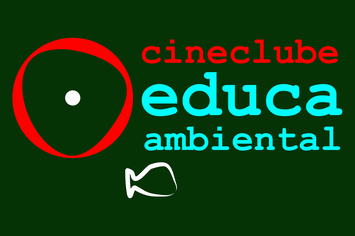 Marca do Cineclube Educa Ambiental: sobre verde-escuro, um círculo vermelho traçado à mão com um ponto branco no meio, ao lado do nome em vermelho e ciano, e a silhueta de um peixe em branco.
